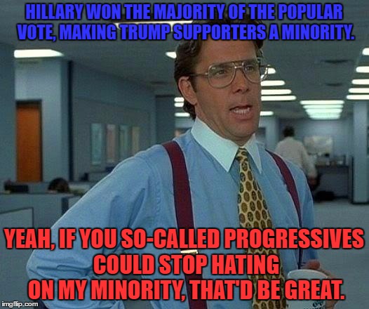 Hypocrites. | HILLARY WON THE MAJORITY OF THE POPULAR VOTE, MAKING TRUMP SUPPORTERS A MINORITY. YEAH, IF YOU SO-CALLED PROGRESSIVES COULD STOP HATING ON MY MINORITY, THAT'D BE GREAT. | image tagged in memes,that would be great,hillary,trump,minority,hate | made w/ Imgflip meme maker