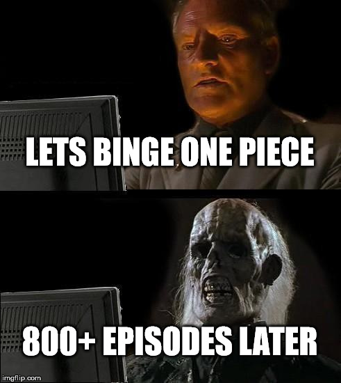 I'll Just Wait Here Meme | LETS BINGE ONE PIECE; 800+ EPISODES LATER | image tagged in memes,ill just wait here | made w/ Imgflip meme maker