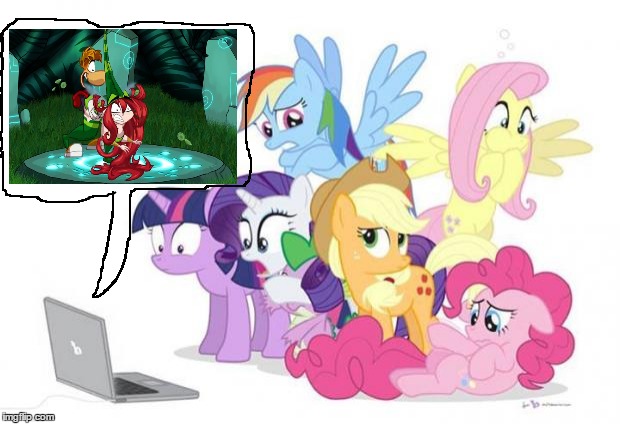 Mane 6 watches Rayman Whorigins | image tagged in watches g3 mlp | made w/ Imgflip meme maker