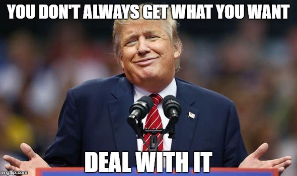 YOU DON'T ALWAYS GET WHAT YOU WANT; DEAL WITH IT | image tagged in donald trump,trump,funny,election,trump for president,president trump | made w/ Imgflip meme maker