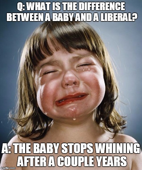 Crybaby | Q: WHAT IS THE DIFFERENCE BETWEEN A BABY AND A LIBERAL? A: THE BABY STOPS WHINING AFTER A COUPLE YEARS | image tagged in crybaby,college liberal,donald trump,hilary clinton | made w/ Imgflip meme maker