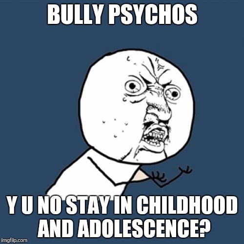 Y U No Meme | BULLY PSYCHOS Y U NO STAY IN CHILDHOOD AND ADOLESCENCE? | image tagged in memes,y u no | made w/ Imgflip meme maker