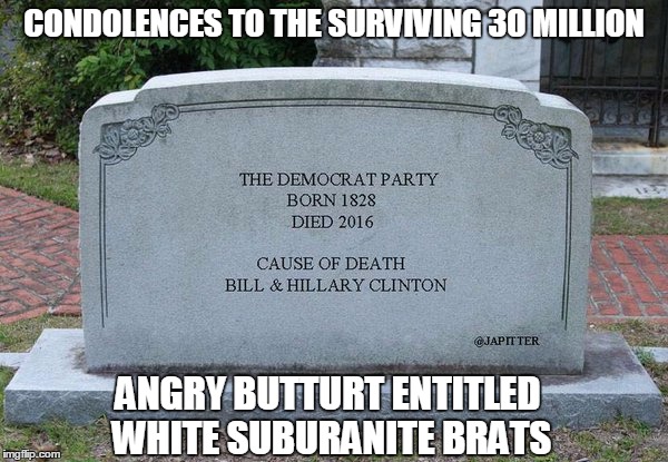 R.I.P | CONDOLENCES TO THE SURVIVING 30 MILLION; ANGRY BUTTURT ENTITLED WHITE SUBURANITE BRATS | image tagged in college liberal,hillary clinton,bill clinton,donald trump,democrat party | made w/ Imgflip meme maker