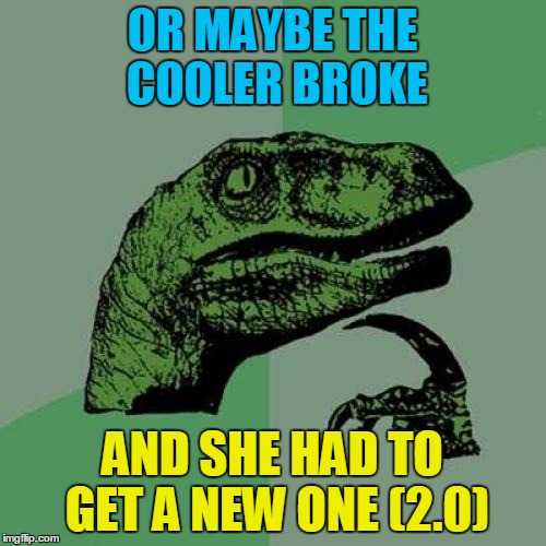 Philosoraptor Meme | OR MAYBE THE COOLER BROKE AND SHE HAD TO GET A NEW ONE (2.0) | image tagged in memes,philosoraptor | made w/ Imgflip meme maker