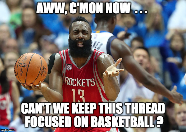 James Harden reacts | AWW, C'MON NOW  . . . CAN'T WE KEEP THIS THREAD FOCUSED ON BASKETBALL ? | image tagged in james harden reacts | made w/ Imgflip meme maker