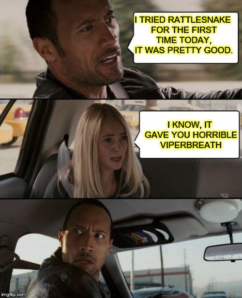Use the username weekend day 3 submission 3 | I TRIED RATTLESNAKE FOR THE FIRST TIME TODAY, IT WAS PRETTY GOOD. I KNOW, IT GAVE YOU HORRIBLE VIPERBREATH | image tagged in memes,the rock driving,use the username weekend | made w/ Imgflip meme maker