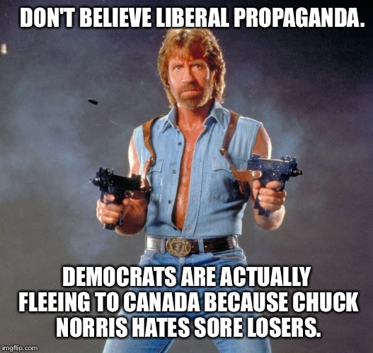Chuck Norris Guns Meme | DON'T BELIEVE LIBERAL PROPAGANDA. DEMOCRATS ARE ACTUALLY FLEEING TO CANADA BECAUSE CHUCK NORRIS HATES SORE LOSERS. | image tagged in chuck norris | made w/ Imgflip meme maker