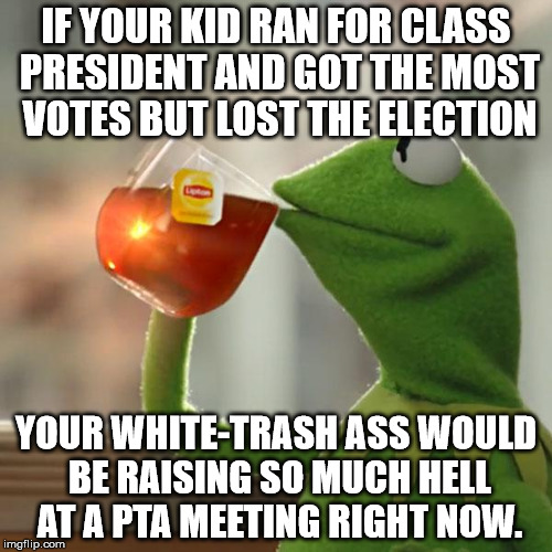 But That's None Of My Business Meme | IF YOUR KID RAN FOR CLASS PRESIDENT AND GOT THE MOST VOTES BUT LOST THE ELECTION; YOUR WHITE-TRASH ASS WOULD BE RAISING SO MUCH HELL AT A PTA MEETING RIGHT NOW. | image tagged in memes,but thats none of my business,kermit the frog | made w/ Imgflip meme maker