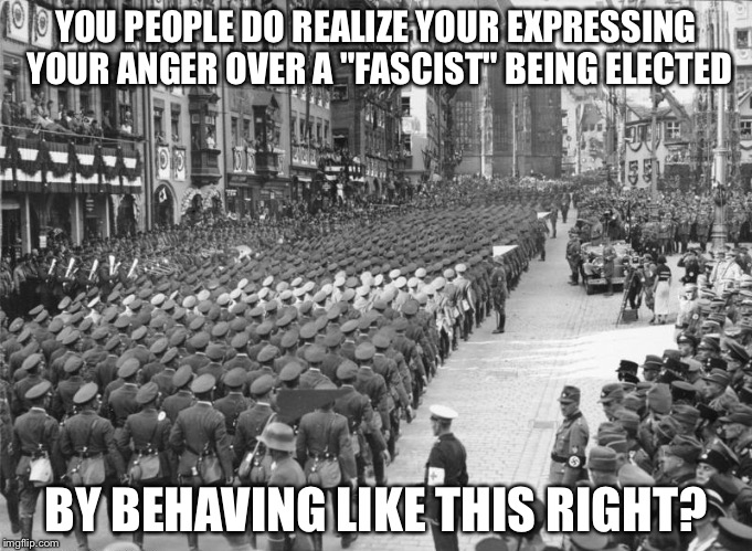 Let's all calm down for the country's sake | YOU PEOPLE DO REALIZE YOUR EXPRESSING YOUR ANGER OVER A "FASCIST" BEING ELECTED; BY BEHAVING LIKE THIS RIGHT? | image tagged in memes | made w/ Imgflip meme maker