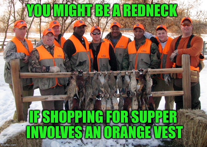 Deer season opens this week! Stay safe! | YOU MIGHT BE A REDNECK; IF SHOPPING FOR SUPPER INVOLVES AN ORANGE VEST | image tagged in hunting | made w/ Imgflip meme maker
