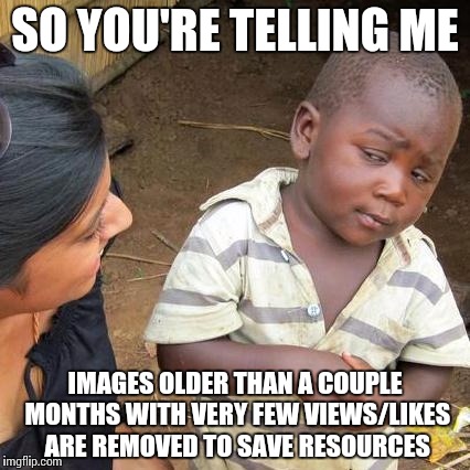 Third World Skeptical Kid | SO YOU'RE TELLING ME; IMAGES OLDER THAN A COUPLE MONTHS WITH VERY FEW VIEWS/LIKES ARE REMOVED TO SAVE RESOURCES | image tagged in memes,third world skeptical kid | made w/ Imgflip meme maker