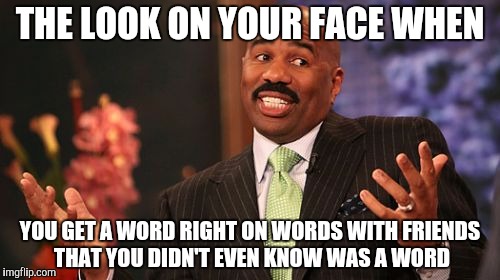 Steve Harvey | THE LOOK ON YOUR FACE WHEN; YOU GET A WORD RIGHT ON WORDS WITH FRIENDS THAT YOU DIDN'T EVEN KNOW WAS A WORD | image tagged in memes,steve harvey | made w/ Imgflip meme maker