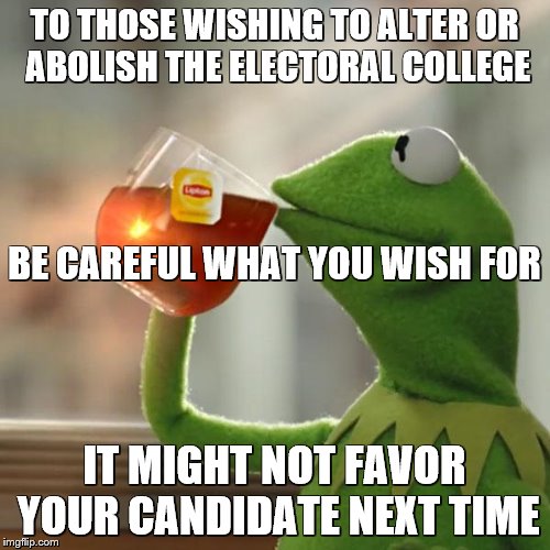 But That's None Of My Business Meme | TO THOSE WISHING TO ALTER OR ABOLISH THE ELECTORAL COLLEGE IT MIGHT NOT FAVOR YOUR CANDIDATE NEXT TIME BE CAREFUL WHAT YOU WISH FOR | image tagged in memes,but thats none of my business,kermit the frog | made w/ Imgflip meme maker