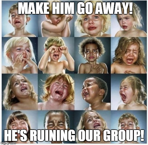 When you invade a Trump Support Group | MAKE HIM GO AWAY! HE'S RUINING OUR GROUP! | image tagged in babies crying | made w/ Imgflip meme maker