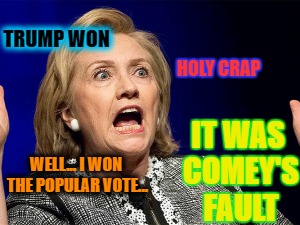 Clinton Doge | TRUMP WON; HOLY CRAP; IT WAS COMEY'S FAULT; WELL... I WON THE POPULAR VOTE... | image tagged in memes,doge,hillary clinton | made w/ Imgflip meme maker