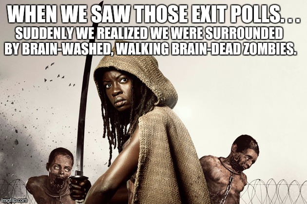 Oh, the betrayal. . . | SUDDENLY WE REALIZED WE WERE SURROUNDED BY BRAIN-WASHED, WALKING BRAIN-DEAD ZOMBIES. WHEN WE SAW THOSE EXIT POLLS. . . | image tagged in the walking dead,brain dead | made w/ Imgflip meme maker