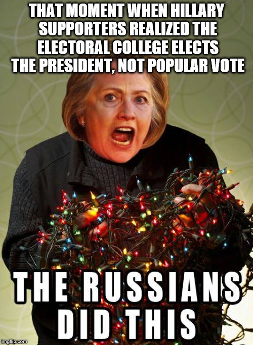 Electoral college conspiracy | THAT MOMENT WHEN HILLARY SUPPORTERS REALIZED THE ELECTORAL COLLEGE ELECTS THE PRESIDENT, NOT POPULAR VOTE | image tagged in electoral college,not a popularity contest,russians,hillary,trump,misogynist electoral college | made w/ Imgflip meme maker
