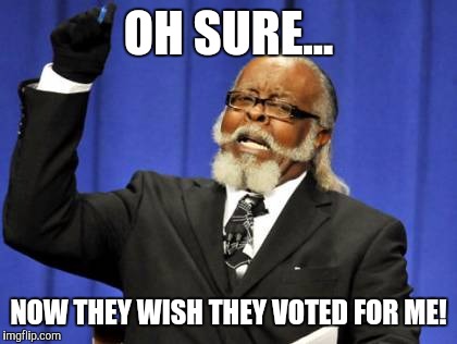 Too Damn High | OH SURE... NOW THEY WISH THEY VOTED FOR ME! | image tagged in memes,too damn high | made w/ Imgflip meme maker