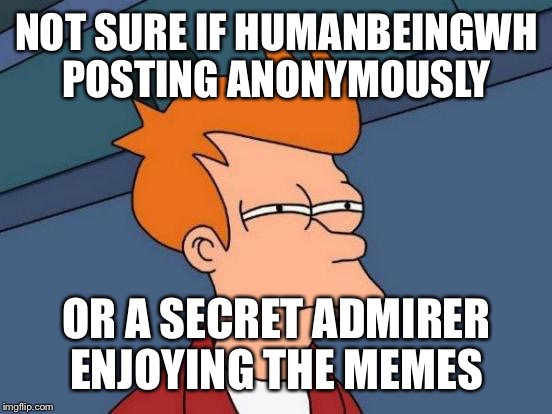 Futurama Fry Meme | NOT SURE IF HUMANBEINGWH POSTING ANONYMOUSLY OR A SECRET ADMIRER ENJOYING THE MEMES | image tagged in memes,futurama fry | made w/ Imgflip meme maker
