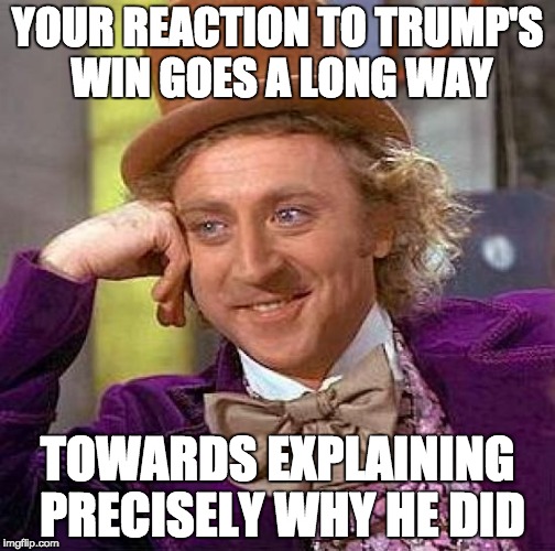 The adults in the room are sick of your  reaction to our Constitutionally elected President elect. Grow up and deal with it. | YOUR REACTION TO TRUMP'S WIN GOES A LONG WAY; TOWARDS EXPLAINING PRECISELY WHY HE DID | image tagged in memes,creepy condescending wonka | made w/ Imgflip meme maker
