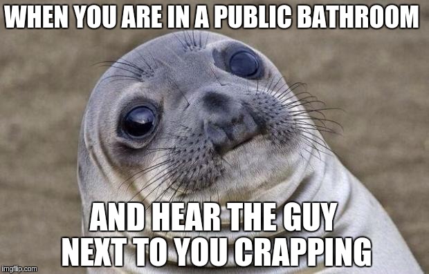 Awkward Moment Sealion | WHEN YOU ARE IN A PUBLIC BATHROOM; AND HEAR THE GUY NEXT TO YOU CRAPPING | image tagged in memes,awkward moment sealion | made w/ Imgflip meme maker