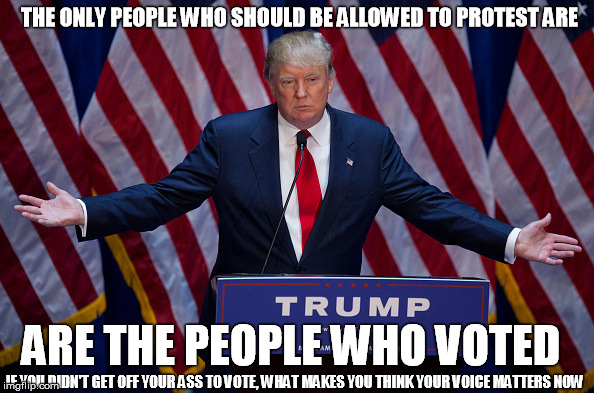 Donald Trump | THE ONLY PEOPLE WHO SHOULD BE ALLOWED TO PROTEST ARE; ARE THE PEOPLE WHO VOTED; IF YOU DIDN'T GET OFF YOUR ASS TO VOTE, WHAT MAKES YOU THINK YOUR VOICE MATTERS NOW | image tagged in donald trump | made w/ Imgflip meme maker