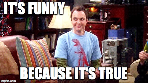 IT'S FUNNY; BECAUSE IT'S TRUE | image tagged in sheldon cooper smile | made w/ Imgflip meme maker