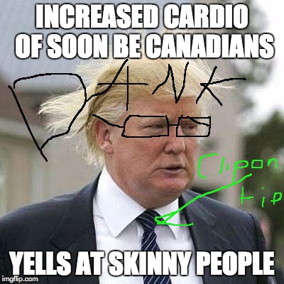 Donald Trump | INCREASED CARDIO OF SOON BE CANADIANS; YELLS AT SKINNY PEOPLE | image tagged in donald trump | made w/ Imgflip meme maker