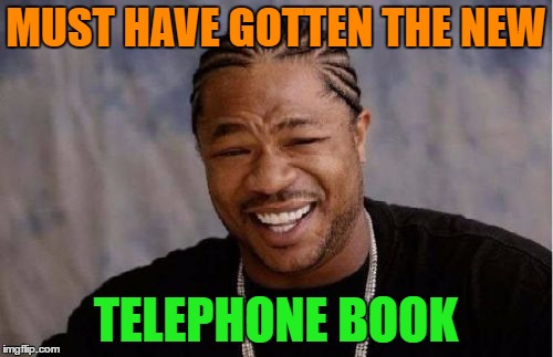 Yo Dawg Heard You Meme | MUST HAVE GOTTEN THE NEW TELEPHONE BOOK | image tagged in memes,yo dawg heard you | made w/ Imgflip meme maker