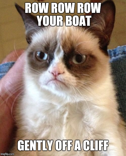 Grumpy Cat Meme | ROW ROW ROW YOUR BOAT; GENTLY OFF A CLIFF | image tagged in memes,grumpy cat | made w/ Imgflip meme maker