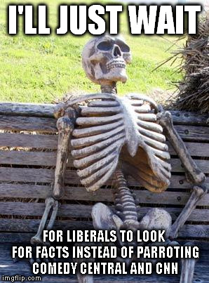 Waiting Skeleton | I'LL JUST WAIT; FOR LIBERALS TO LOOK FOR FACTS INSTEAD OF PARROTING COMEDY CENTRAL AND CNN | image tagged in memes,waiting skeleton | made w/ Imgflip meme maker