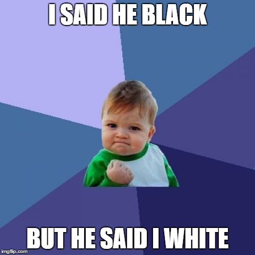 Success Kid | I SAID HE BLACK; BUT HE SAID I WHITE | image tagged in memes,success kid | made w/ Imgflip meme maker