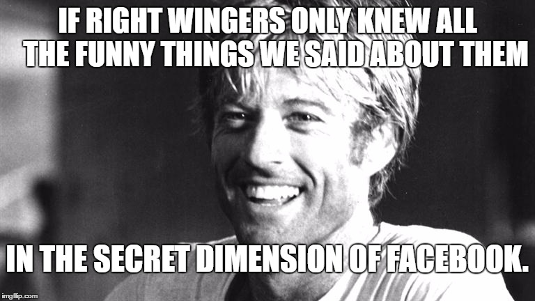 Handsome Robert Redford | IF RIGHT WINGERS ONLY KNEW ALL   THE FUNNY THINGS WE SAID ABOUT THEM; IN THE SECRET DIMENSION OF FACEBOOK. | image tagged in handsome robert redford | made w/ Imgflip meme maker