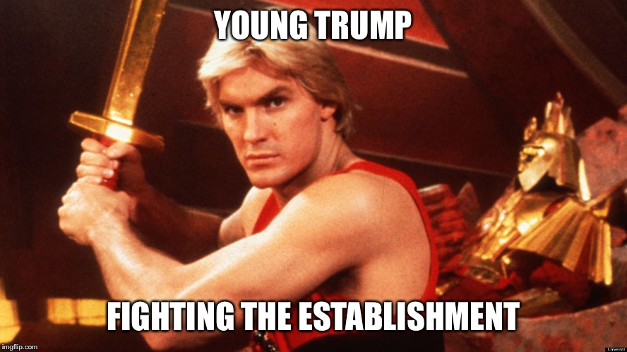 The early years | YOUNG TRUMP; FIGHTING THE ESTABLISHMENT | image tagged in flash gordon | made w/ Imgflip meme maker
