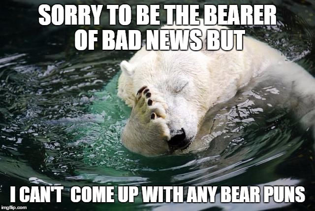 SORRY TO BE THE BEARER OF BAD NEWS BUT I CAN'T  COME UP WITH ANY BEAR PUNS | made w/ Imgflip meme maker