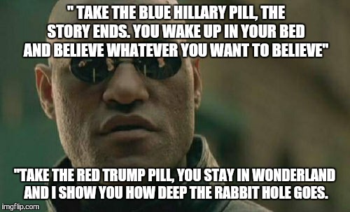 Matrix Morpheus | " TAKE THE BLUE HILLARY PILL, THE STORY ENDS. YOU WAKE UP IN YOUR BED AND BELIEVE WHATEVER YOU WANT TO BELIEVE"; "TAKE THE RED TRUMP PILL, YOU STAY IN WONDERLAND AND I SHOW YOU HOW DEEP THE RABBIT HOLE GOES. | image tagged in memes,matrix morpheus | made w/ Imgflip meme maker