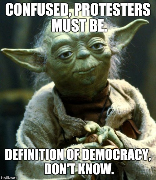 Star Wars Yoda | CONFUSED, PROTESTERS MUST BE. DEFINITION OF DEMOCRACY, DON'T KNOW. | image tagged in memes,star wars yoda | made w/ Imgflip meme maker