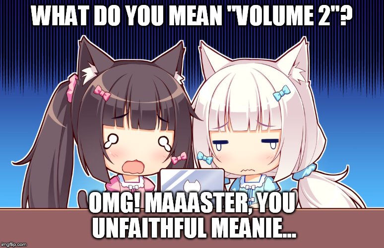 cute anime girls | WHAT DO YOU MEAN "VOLUME 2"? OMG! MAAASTER, YOU UNFAITHFUL MEANIE... | image tagged in cute anime girls | made w/ Imgflip meme maker