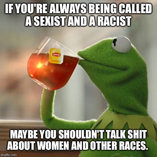 IF YOU'RE ALWAYS BEING CALLED A SEXIST AND A RACIST MAYBE YOU SHOULDN'T TALK SHIT ABOUT WOMEN AND OTHER RACES. | image tagged in memes,but thats none of my business,kermit the frog | made w/ Imgflip meme maker