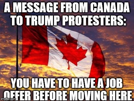 Canada | A MESSAGE FROM CANADA TO TRUMP PROTESTERS:; YOU HAVE TO HAVE A JOB OFFER BEFORE MOVING HERE | image tagged in canada | made w/ Imgflip meme maker