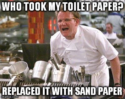 Gordon Ramsey | WHO TOOK MY TOILET PAPER? REPLACED IT WITH SAND PAPER | image tagged in gordon ramsey,ouch tp missing | made w/ Imgflip meme maker