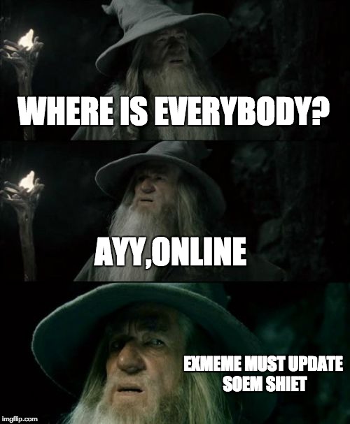 Confused Gandalf Meme | WHERE IS EVERYBODY? AYY,ONLINE; EXMEME MUST UPDATE SOEM SHIET | image tagged in memes,confused gandalf | made w/ Imgflip meme maker