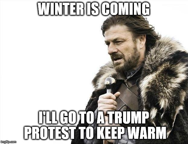 Brace Yourselves X is Coming Meme | WINTER IS COMING; I'LL GO TO A TRUMP PROTEST TO KEEP WARM | image tagged in memes,brace yourselves x is coming | made w/ Imgflip meme maker