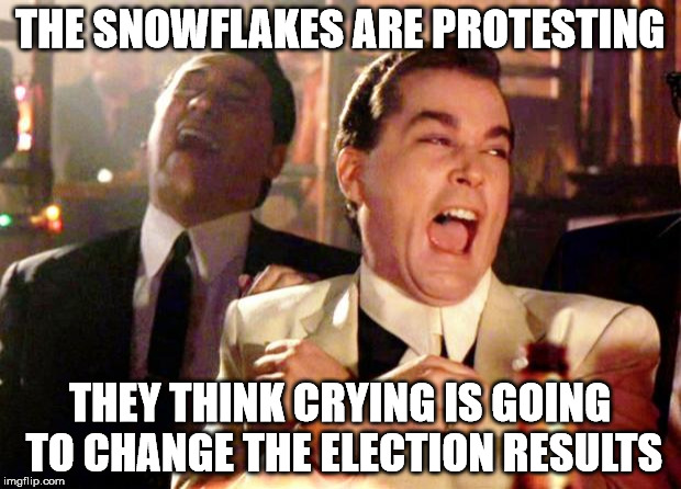 Goodfellas Laugh | THE SNOWFLAKES ARE PROTESTING; THEY THINK CRYING IS GOING TO CHANGE THE ELECTION RESULTS | image tagged in goodfellas laugh | made w/ Imgflip meme maker