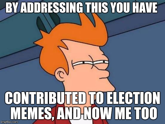 Futurama Fry Meme | BY ADDRESSING THIS YOU HAVE CONTRIBUTED TO ELECTION MEMES, AND NOW ME TOO | image tagged in memes,futurama fry | made w/ Imgflip meme maker