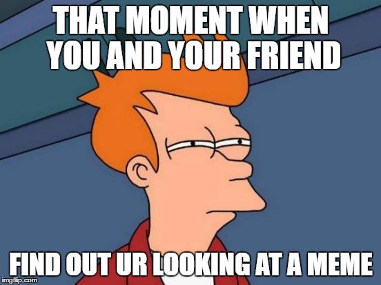 Futurama Fry | THAT MOMENT WHEN YOU AND YOUR FRIEND; FIND OUT UR LOOKING AT A MEME | image tagged in memes,futurama fry | made w/ Imgflip meme maker