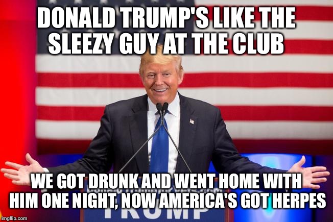 Lying trump  | DONALD TRUMP'S LIKE THE SLEEZY GUY AT THE CLUB; WE GOT DRUNK AND WENT HOME WITH HIM ONE NIGHT, NOW AMERICA'S GOT HERPES | image tagged in lying trump | made w/ Imgflip meme maker