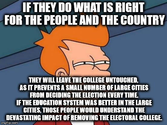 Futurama Fry Meme | IF THEY DO WHAT IS RIGHT FOR THE PEOPLE AND THE COUNTRY THEY WILL LEAVE THE COLLEGE UNTOUCHED, AS IT PREVENTS A SMALL NUMBER OF LARGE CITIES | image tagged in memes,futurama fry | made w/ Imgflip meme maker