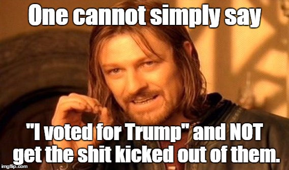 One Does Not Simply | One cannot simply say; "I voted for Trump" and NOT get the shit kicked out of them. | image tagged in memes,one does not simply | made w/ Imgflip meme maker
