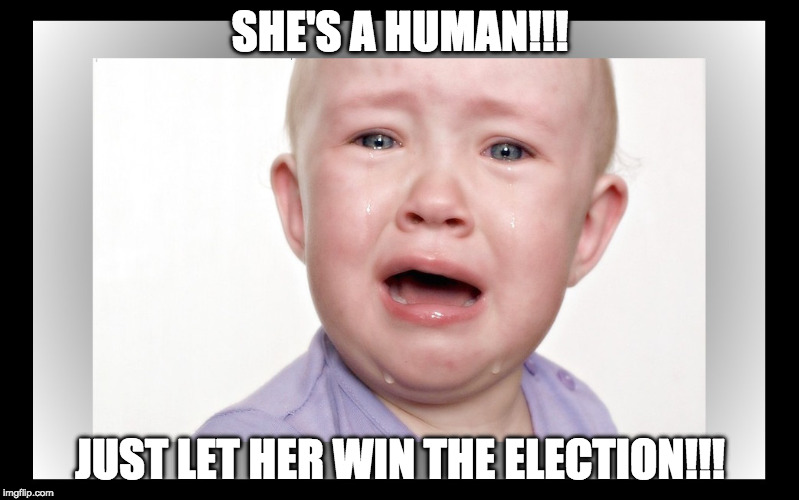 SHE'S A HUMAN!!! JUST LET HER WIN THE ELECTION!!! | image tagged in sadlibbaby | made w/ Imgflip meme maker